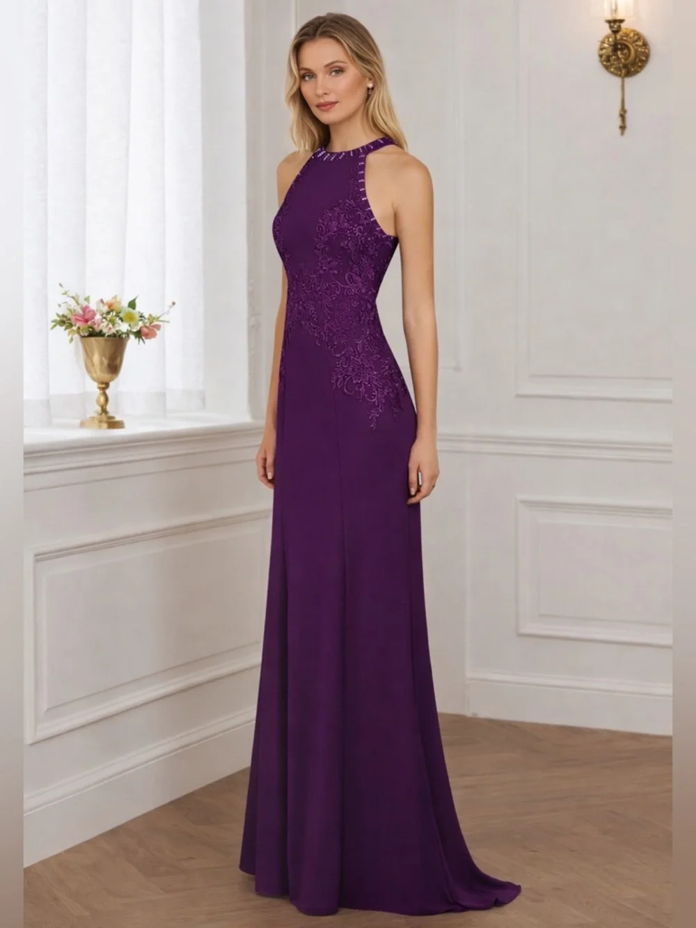Plum Purple Lace Appliqué Beaded Halter Gown |  Formal Dress | Wedding Guest - Picture 7 of 13